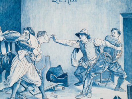 Antique French Faience Charger signed Michaud, hand-painted blue and white wall charger depicting La Rixe after Ernest Meissonier, 19th century French faience, decorative ceramic wall art.