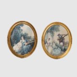 French silk prints in gilt oval wooden frames, French Rococo style, Music Class scene, circa 1930s, vintage decorative wall art pair