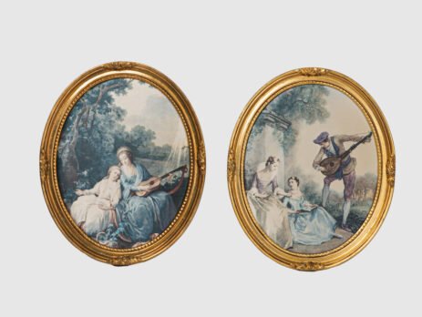 French silk prints in gilt oval wooden frames, French Rococo style, Music Class scene, circa 1930s, vintage decorative wall art pair