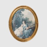 French silk prints in gilt oval wooden frames, French Rococo style, Music Class scene, circa 1930s, vintage decorative wall art pair