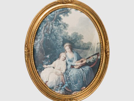 French silk prints in gilt oval wooden frames, French Rococo style, Music Class scene, circa 1930s, vintage decorative wall art pair