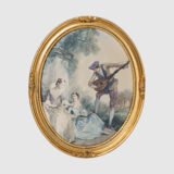 French silk prints in gilt oval wooden frames, French Rococo style, Music Class scene, circa 1930s, vintage decorative wall art pair