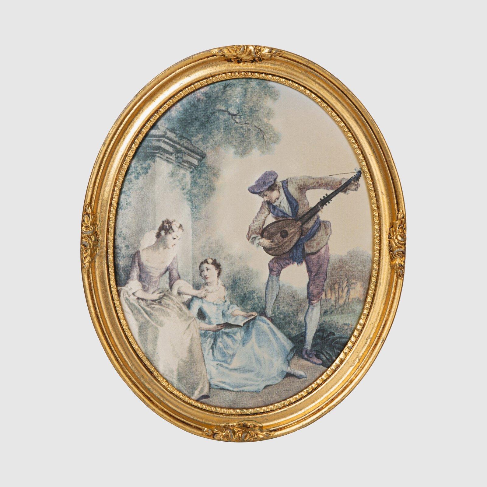 French silk prints in gilt oval wooden frames, French Rococo style, Music Class scene, circa 1930s, vintage decorative wall art pair