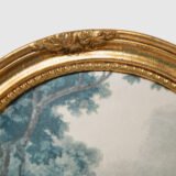 French silk prints in gilt oval wooden frames, French Rococo style, Music Class scene, circa 1930s, vintage decorative wall art pair