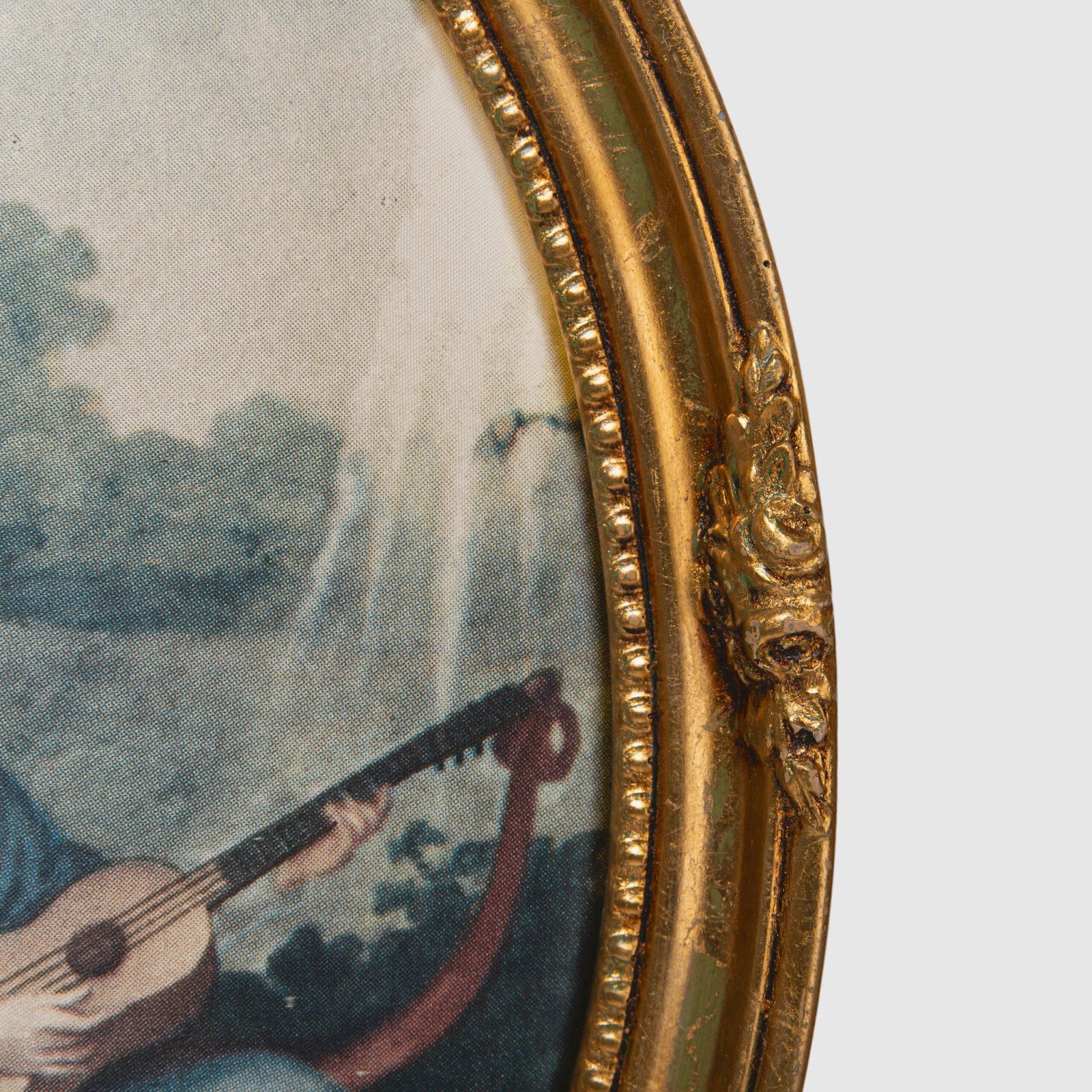 French silk prints in gilt oval wooden frames, French Rococo style, Music Class scene, circa 1930s, vintage decorative wall art pair