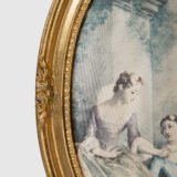 French silk prints in gilt oval wooden frames, French Rococo style, Music Class scene, circa 1930s, vintage decorative wall art pair