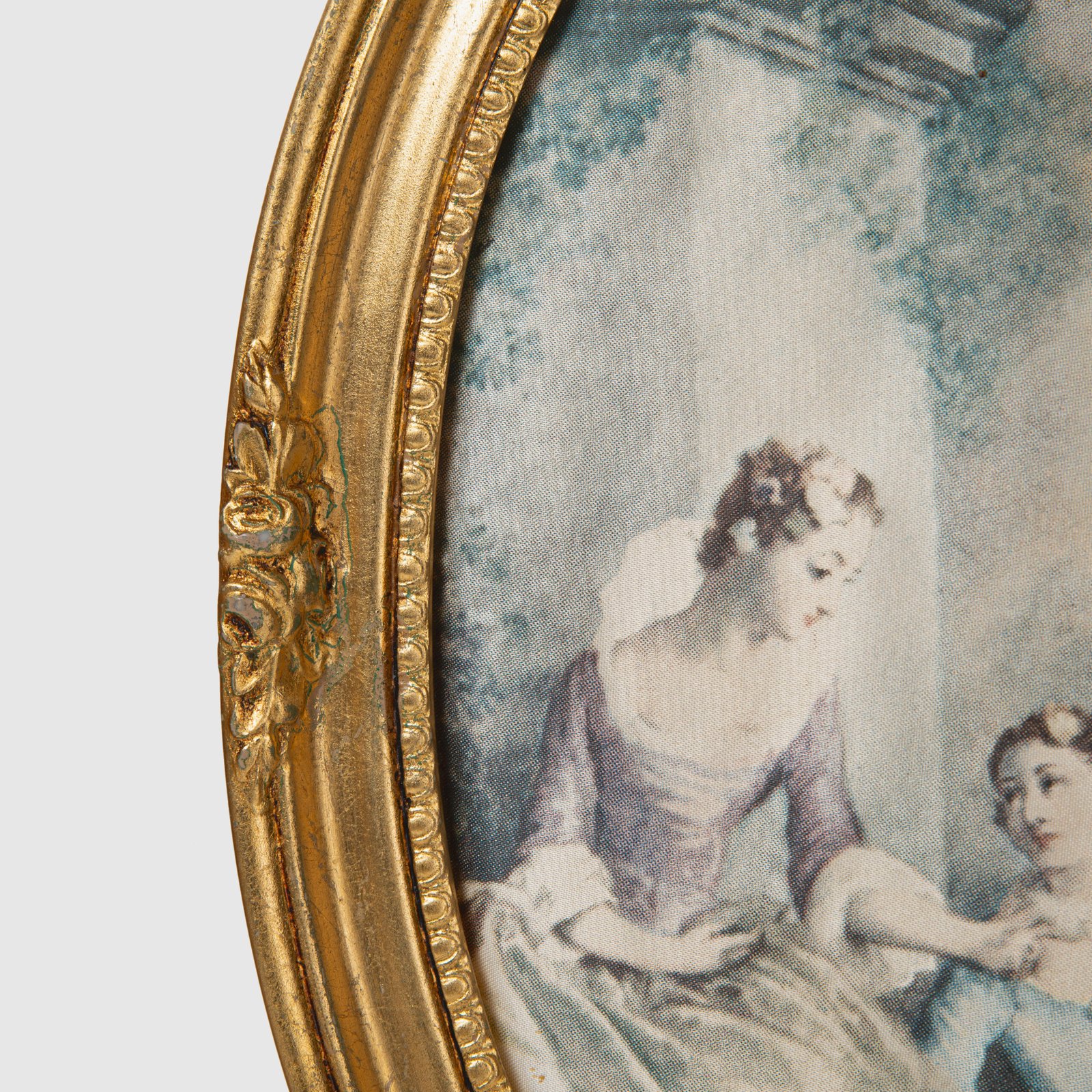 French silk prints in gilt oval wooden frames, French Rococo style, Music Class scene, circa 1930s, vintage decorative wall art pair