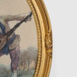 French silk prints in gilt oval wooden frames, French Rococo style, Music Class scene, circa 1930s, vintage decorative wall art pair