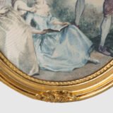 French silk prints in gilt oval wooden frames, French Rococo style, Music Class scene, circa 1930s, vintage decorative wall art pair