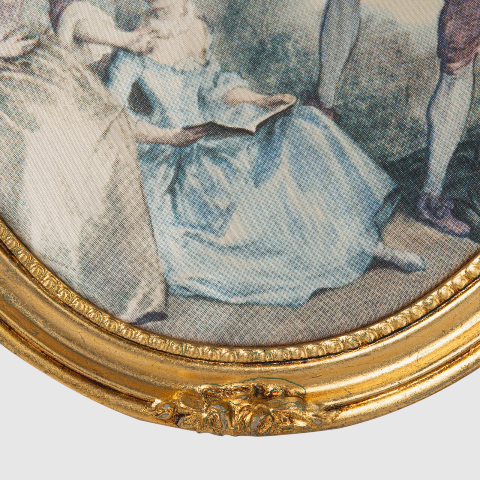 French silk prints in gilt oval wooden frames, French Rococo style, Music Class scene, circa 1930s, vintage decorative wall art pair