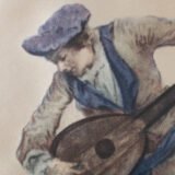French silk prints in gilt oval wooden frames, French Rococo style, Music Class scene, circa 1930s, vintage decorative wall art pair