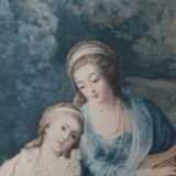 French silk prints in gilt oval wooden frames, French Rococo style, Music Class scene, circa 1930s, vintage decorative wall art pair