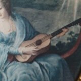 French silk prints in gilt oval wooden frames, French Rococo style, Music Class scene, circa 1930s, vintage decorative wall art pair