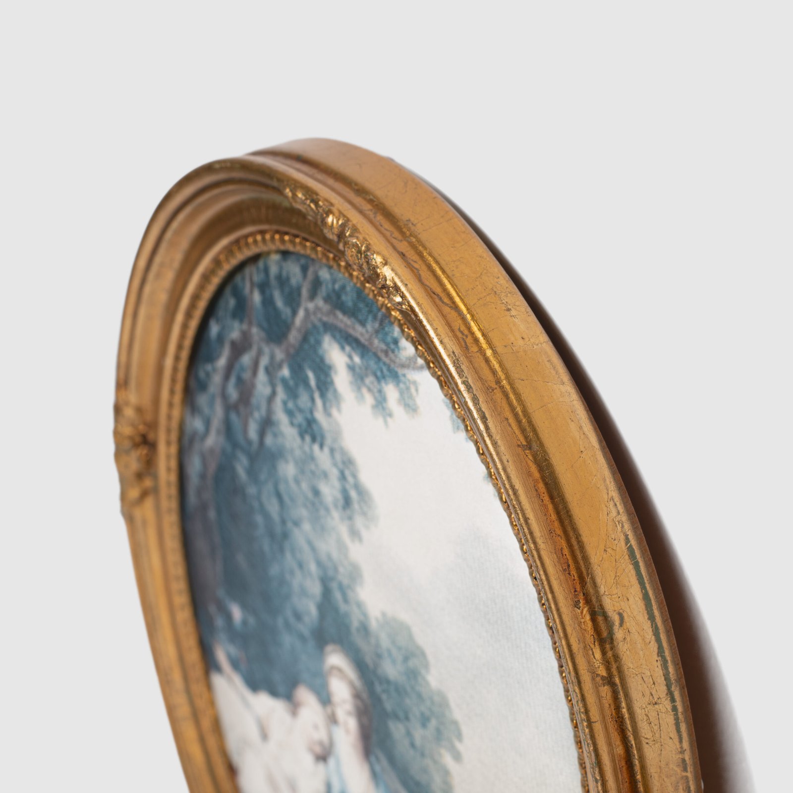 French silk prints in gilt oval wooden frames, French Rococo style, Music Class scene, circa 1930s, vintage decorative wall art pair