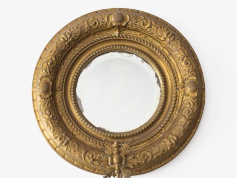 Antique Swedish Brass Mirror with repoussé Neoclassical frame and original beveled glass, 1890–1910.