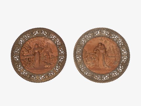 Pair of antique German Bronze Plaques with Neo-Renaissance openwork frames and literary relief scenes, 1890–1905.