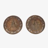 Pair of antique German Bronze Plaques with Neo-Renaissance openwork frames and literary relief scenes, 1890–1905.