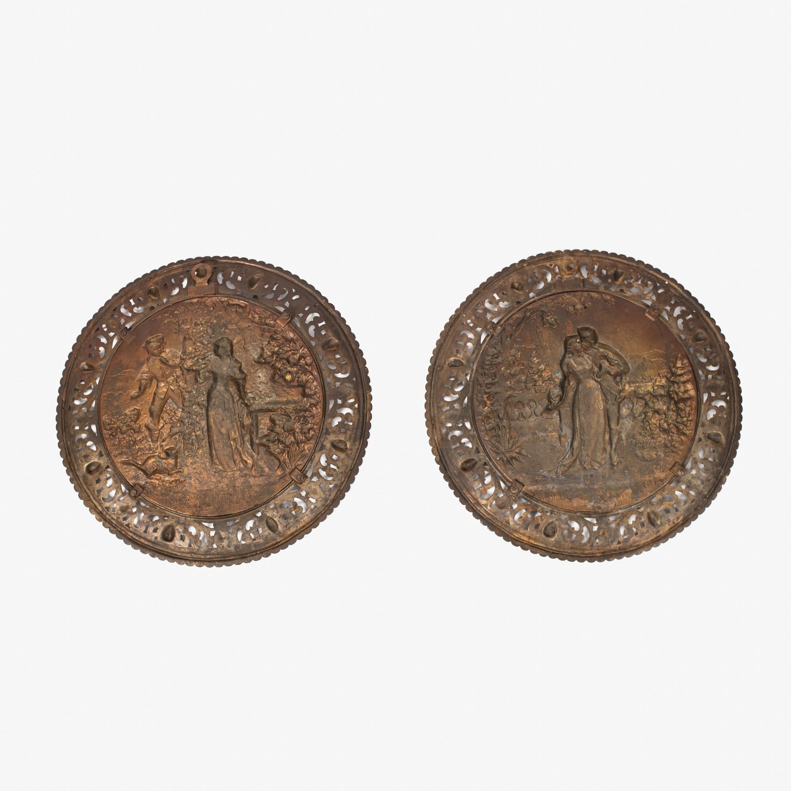 Pair of antique German Bronze Plaques with Neo-Renaissance openwork frames and literary relief scenes, 1890–1905.