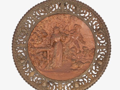 Pair of antique German Bronze Plaques with Neo-Renaissance openwork frames and literary relief scenes, 1890–1905.