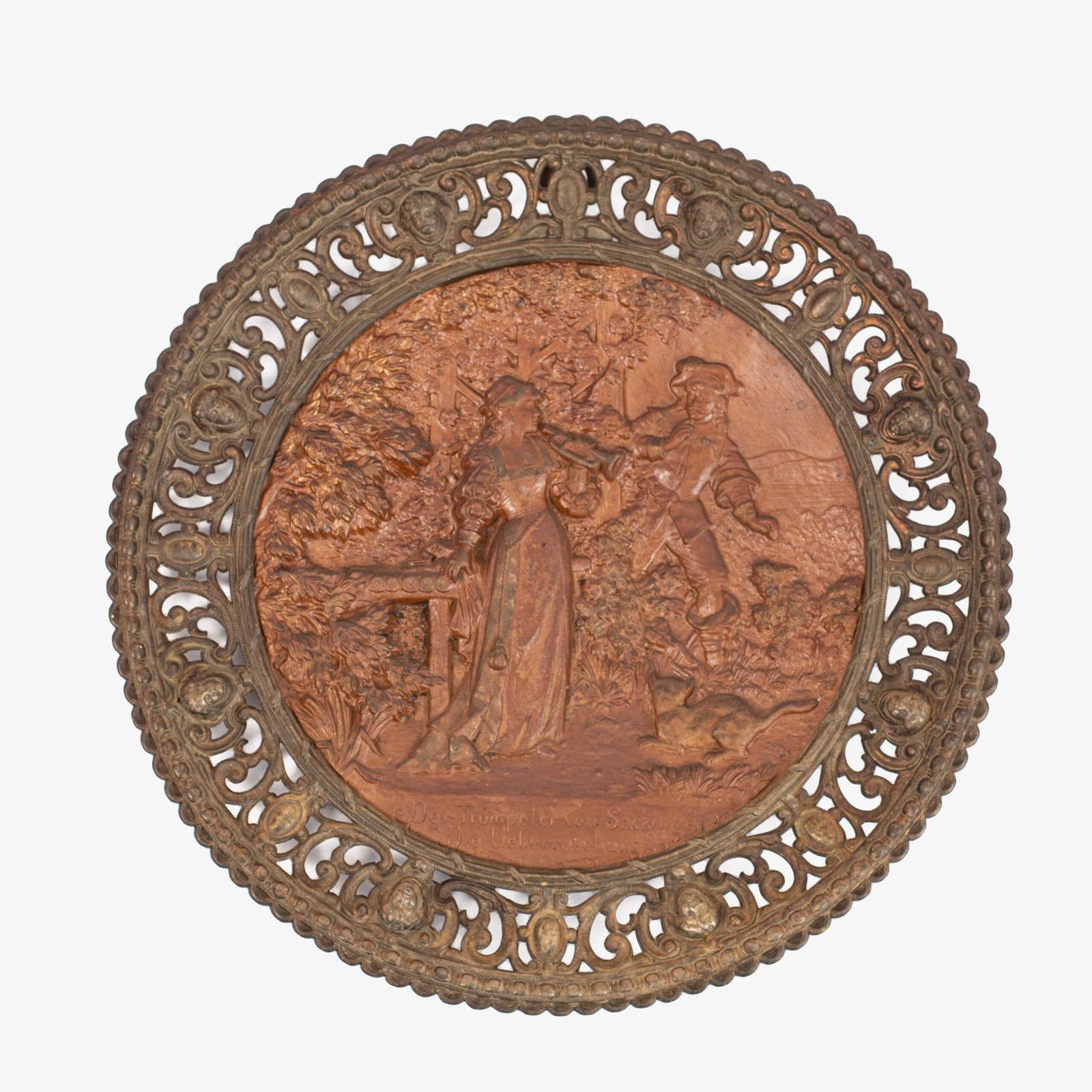 Pair of antique German Bronze Plaques with Neo-Renaissance openwork frames and literary relief scenes, 1890–1905.