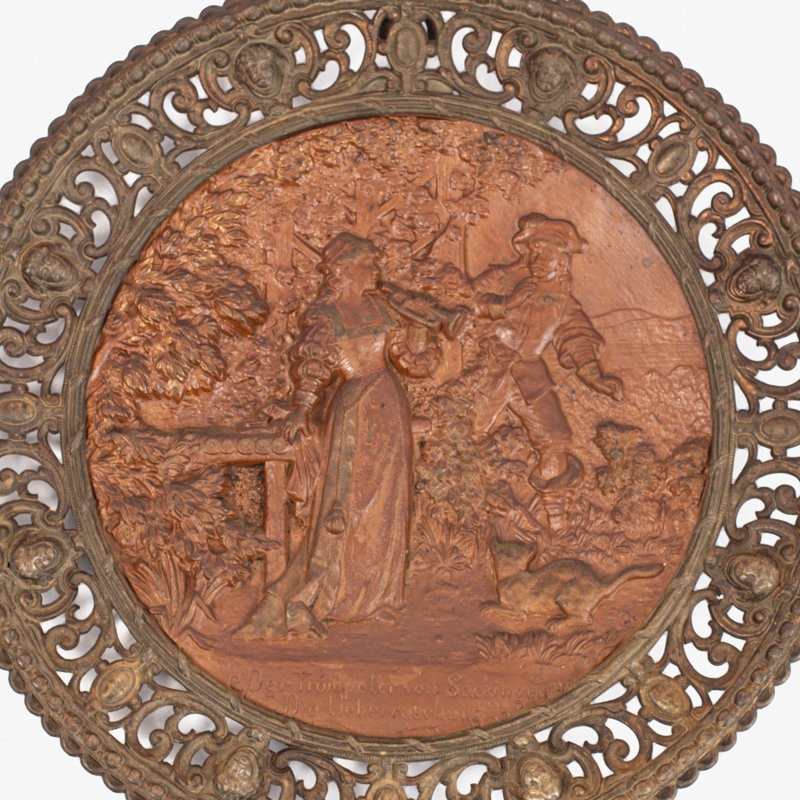 Pair of antique German Bronze Plaques with Neo-Renaissance openwork frames and literary relief scenes, 1890–1905.