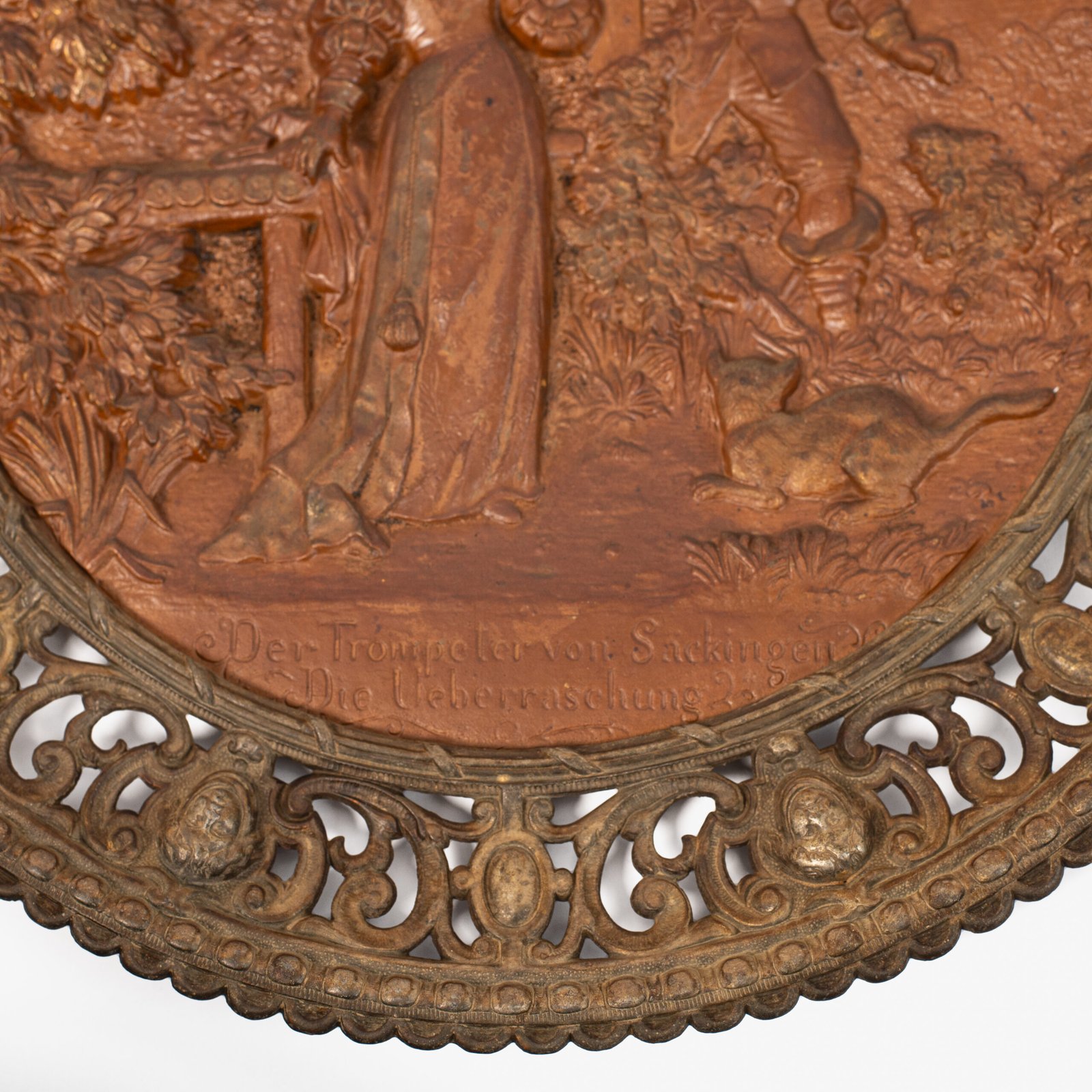 Pair of antique German Bronze Plaques with Neo-Renaissance openwork frames and literary relief scenes, 1890–1905.