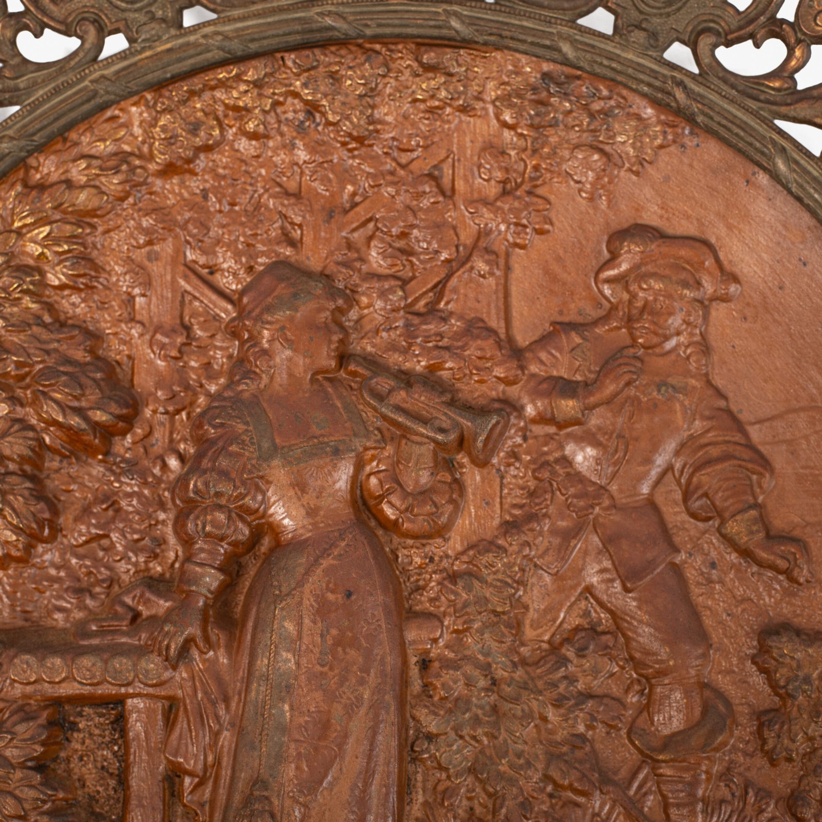Pair of antique German Bronze Plaques with Neo-Renaissance openwork frames and literary relief scenes, 1890–1905.