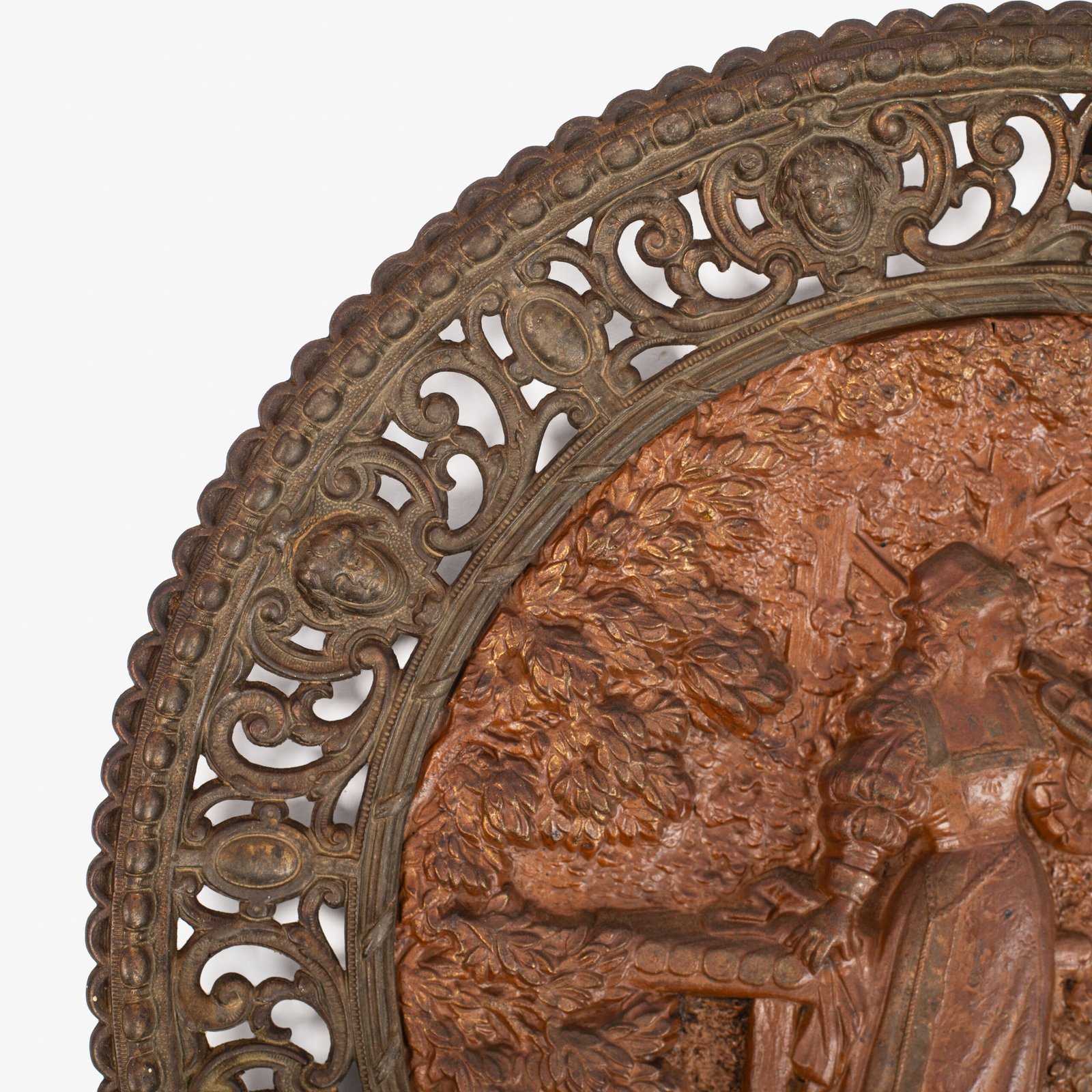 Pair of antique German Bronze Plaques with Neo-Renaissance openwork frames and literary relief scenes, 1890–1905.