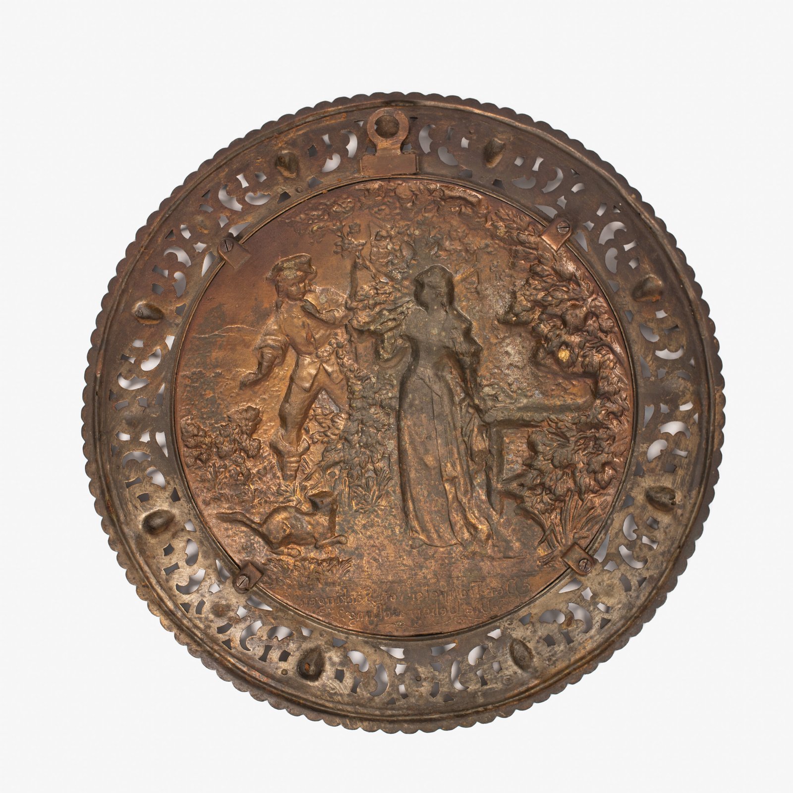 Pair of antique German Bronze Plaques with Neo-Renaissance openwork frames and literary relief scenes, 1890–1905.