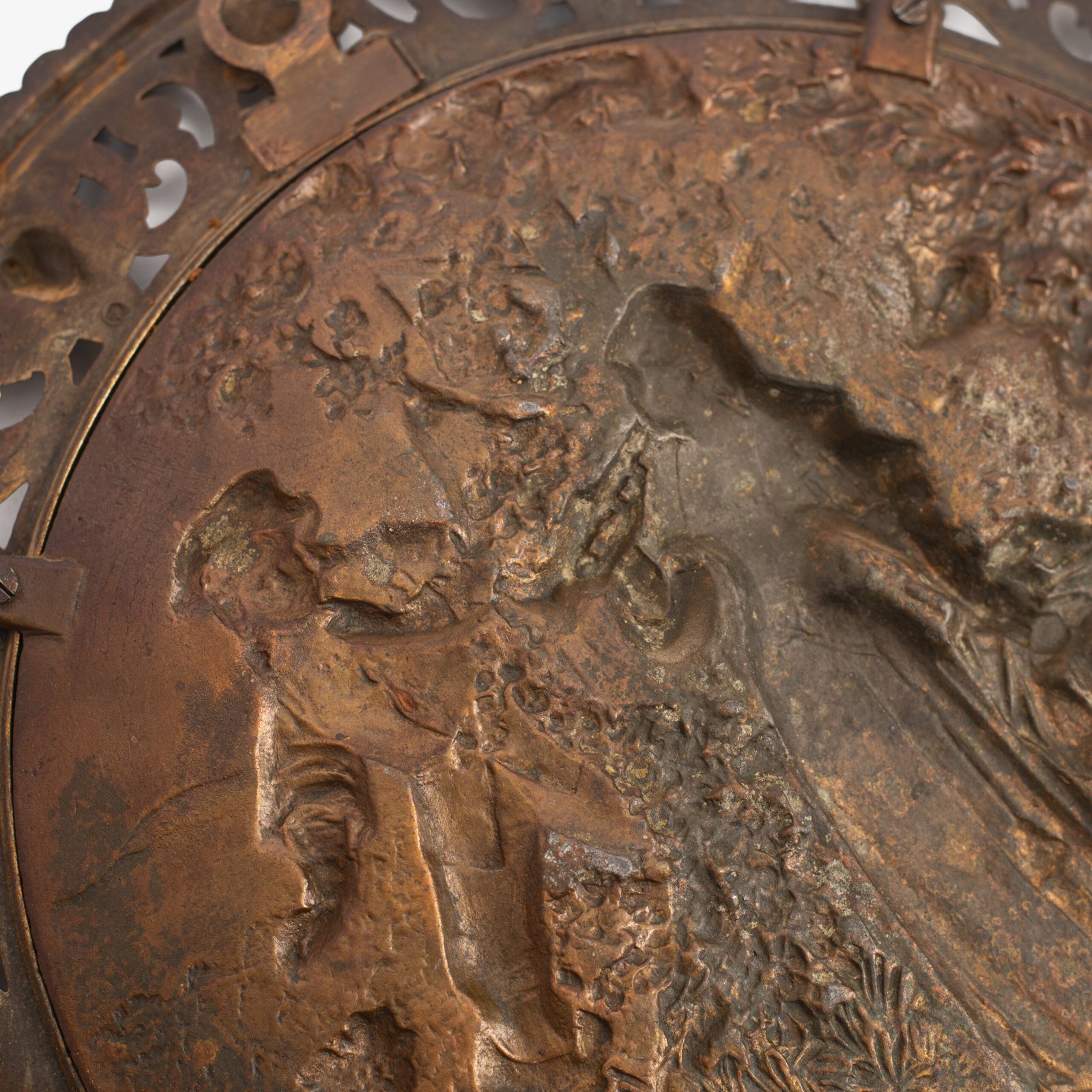 Pair of antique German Bronze Plaques with Neo-Renaissance openwork frames and literary relief scenes, 1890–1905.