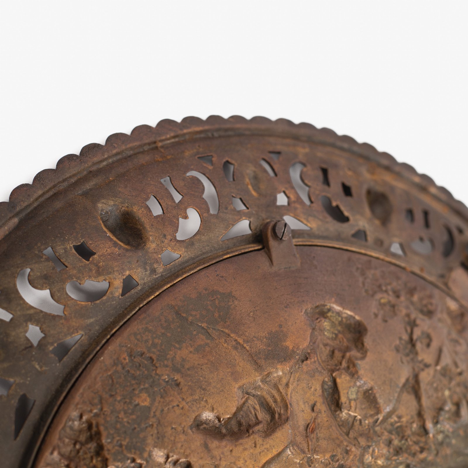 Pair of antique German Bronze Plaques with Neo-Renaissance openwork frames and literary relief scenes, 1890–1905.