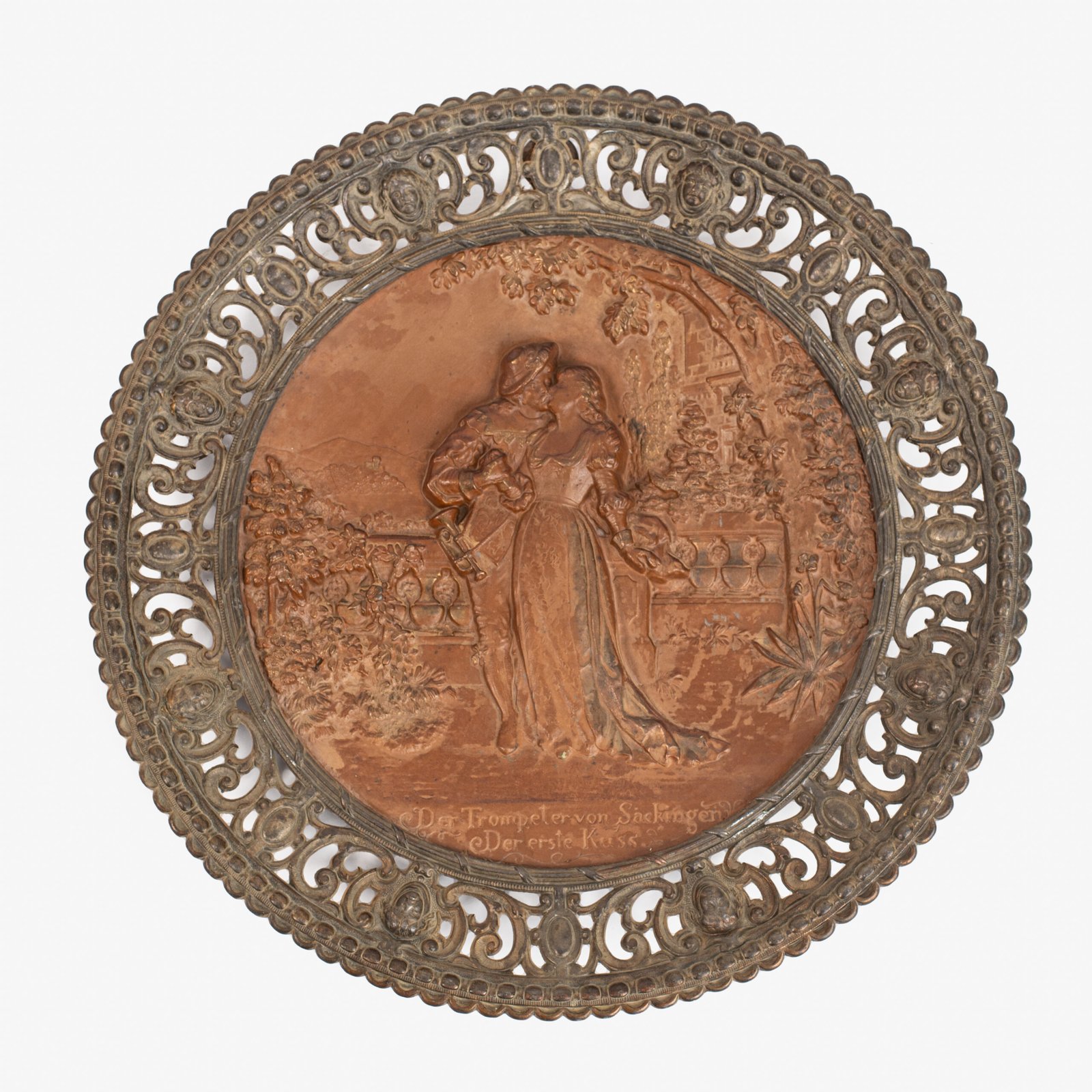 Pair of antique German Bronze Plaques with Neo-Renaissance openwork frames and literary relief scenes, 1890–1905.