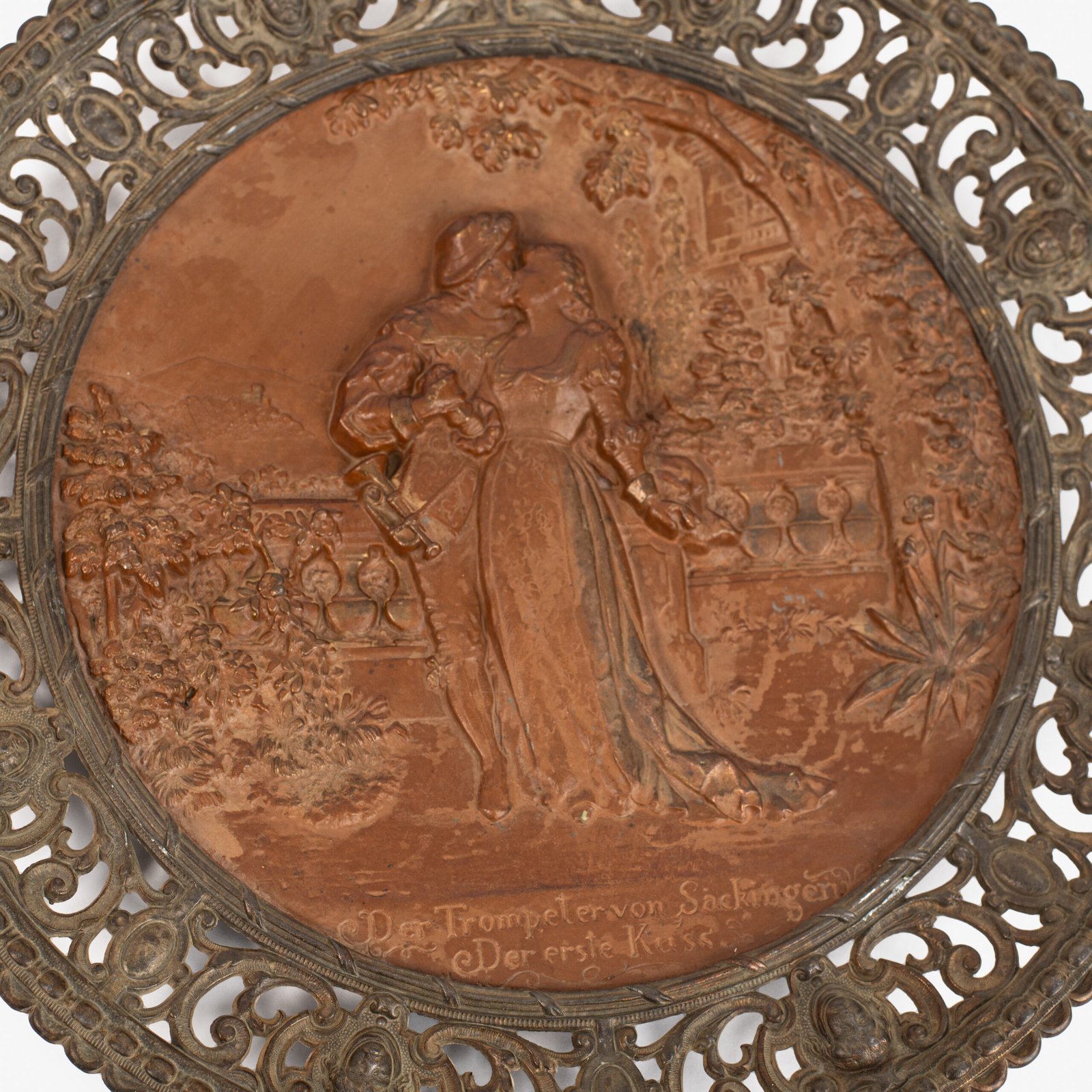 Pair of antique German Bronze Plaques with Neo-Renaissance openwork frames and literary relief scenes, 1890–1905.