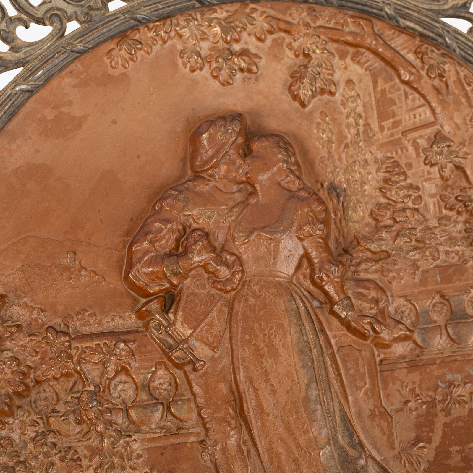 Pair of antique German Bronze Plaques with Neo-Renaissance openwork frames and literary relief scenes, 1890–1905.