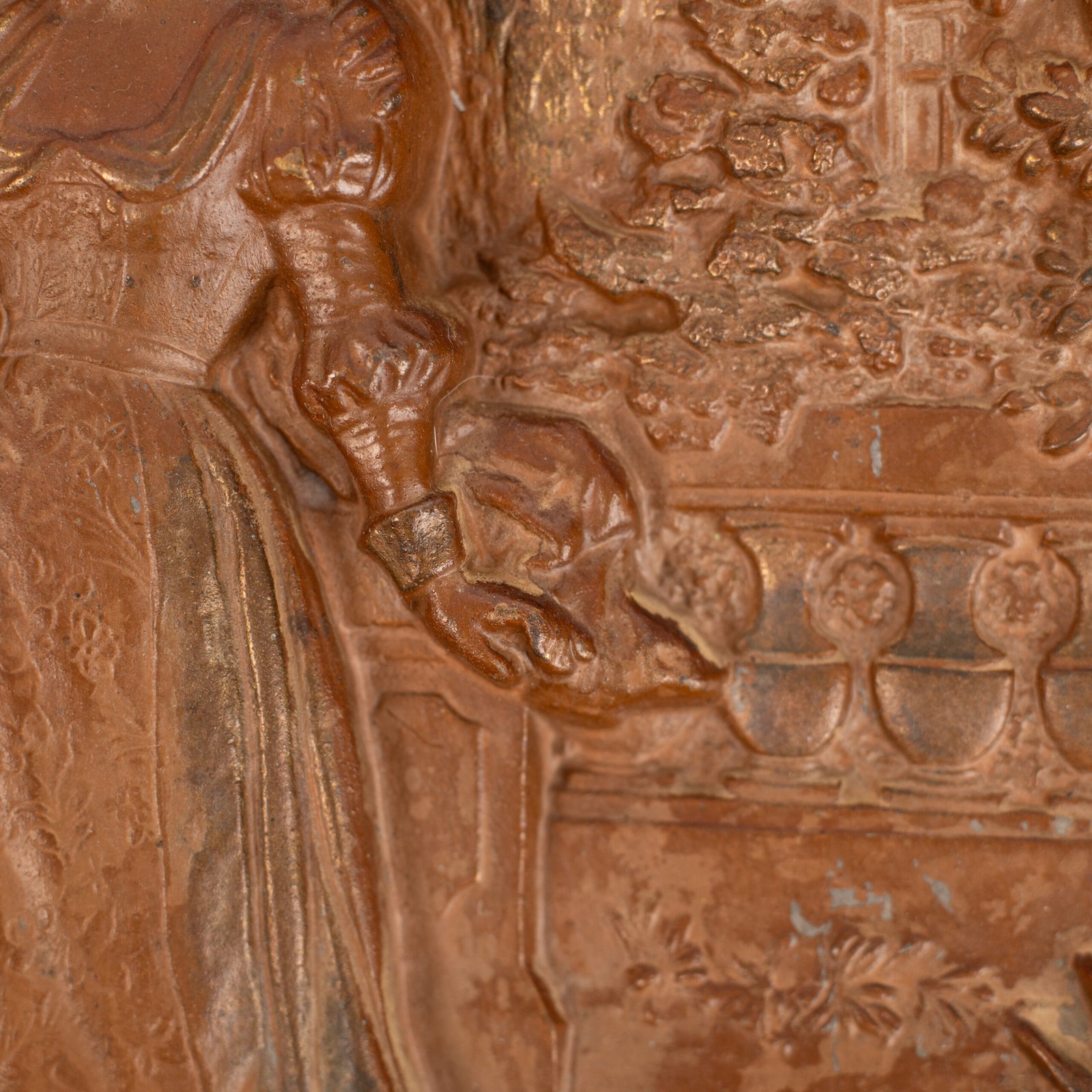 Pair of antique German Bronze Plaques with Neo-Renaissance openwork frames and literary relief scenes, 1890–1905.