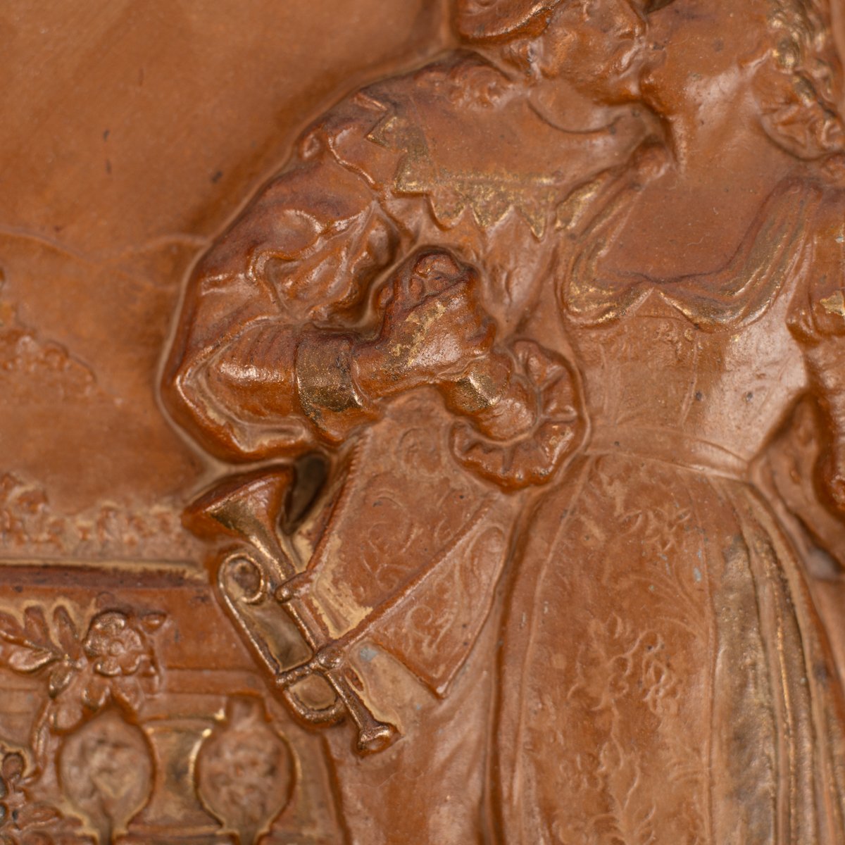 Pair of antique German Bronze Plaques with Neo-Renaissance openwork frames and literary relief scenes, 1890–1905.