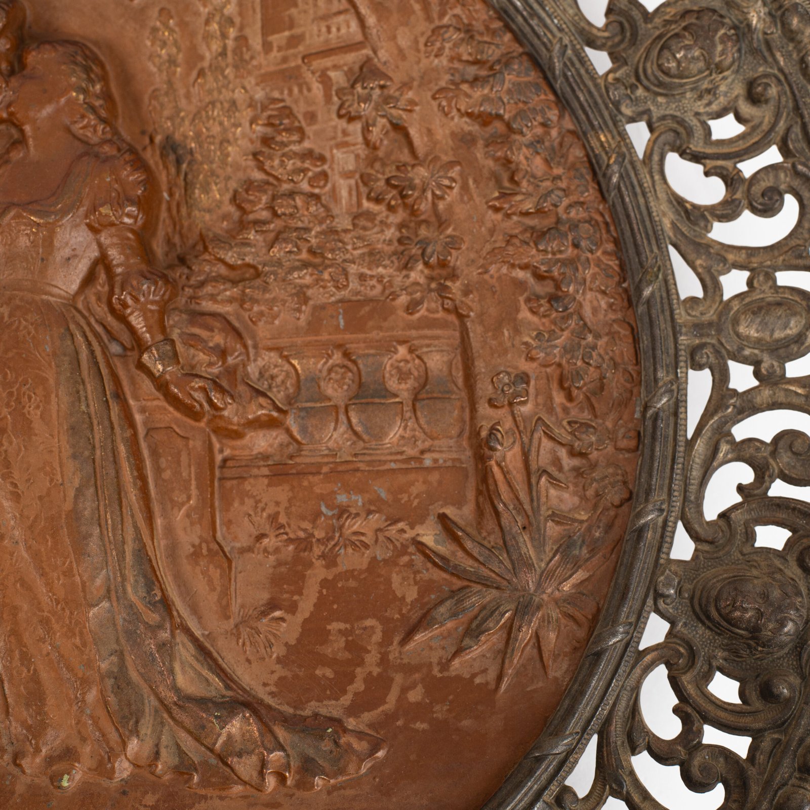 Pair of antique German Bronze Plaques with Neo-Renaissance openwork frames and literary relief scenes, 1890–1905.