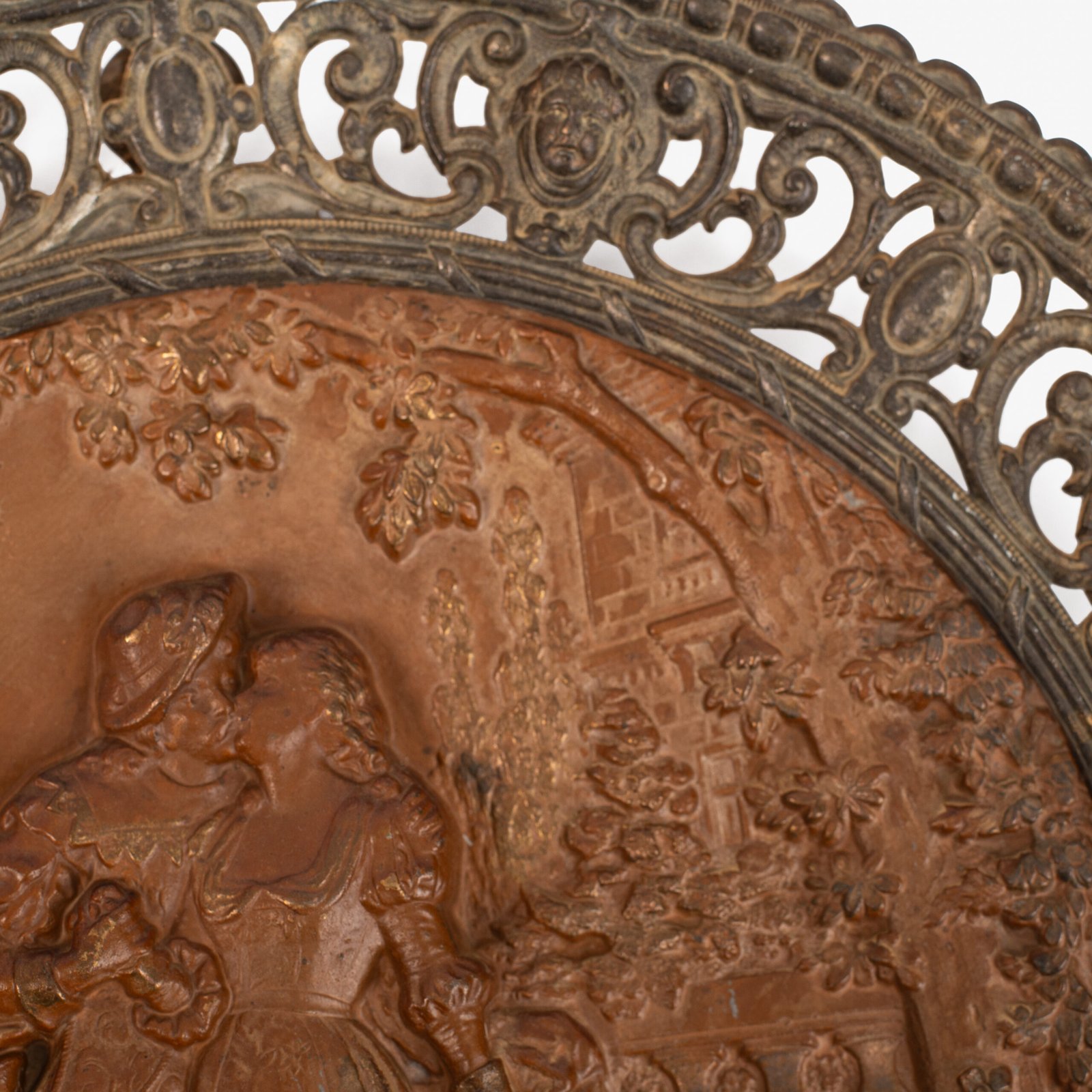 Pair of antique German Bronze Plaques with Neo-Renaissance openwork frames and literary relief scenes, 1890–1905.