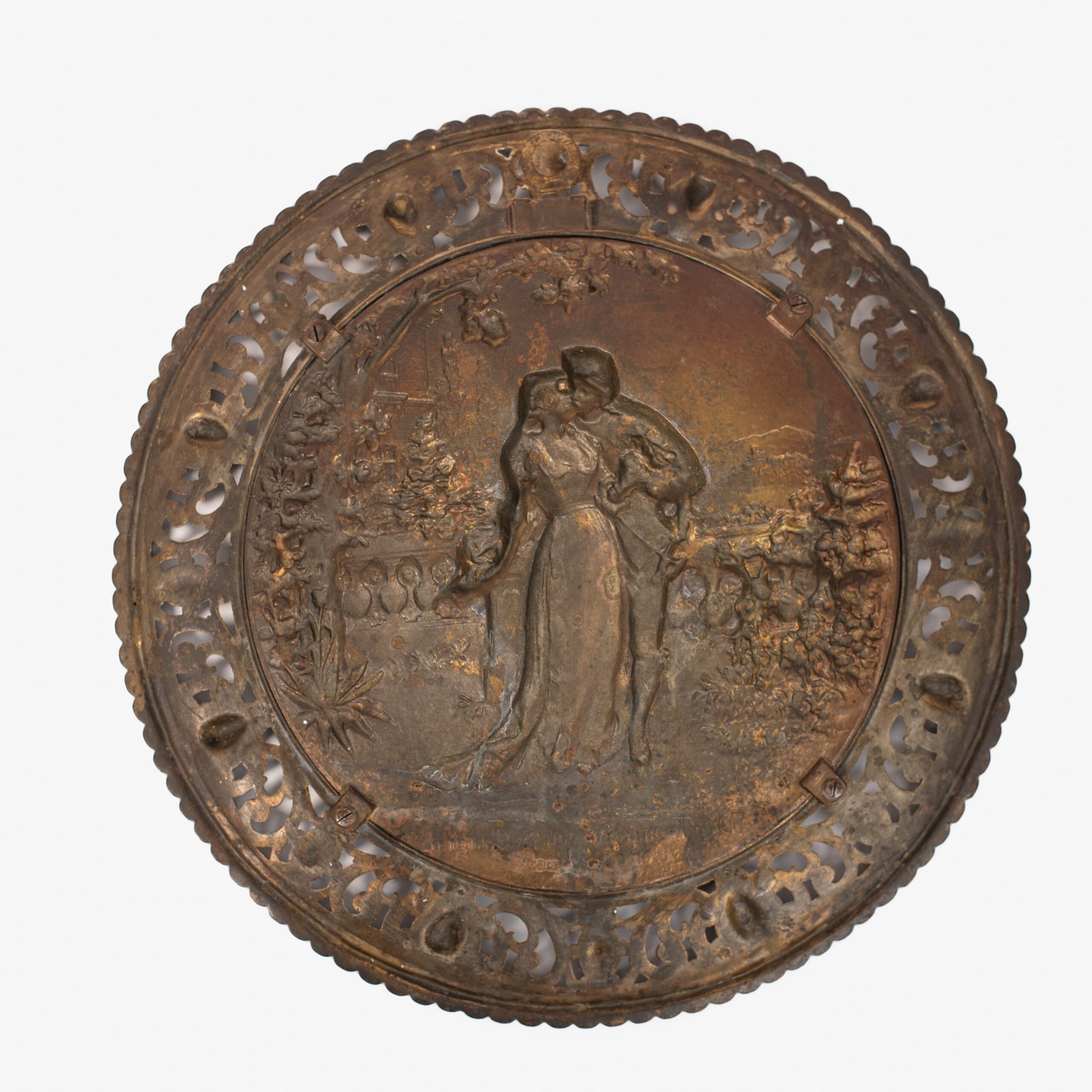 Pair of antique German Bronze Plaques with Neo-Renaissance openwork frames and literary relief scenes, 1890–1905.