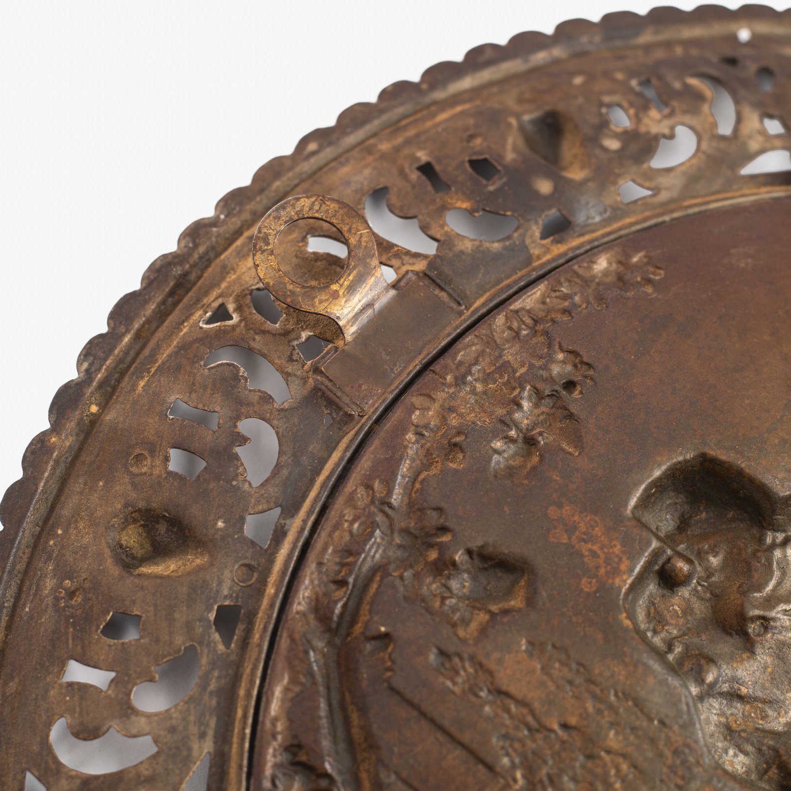 Pair of antique German Bronze Plaques with Neo-Renaissance openwork frames and literary relief scenes, 1890–1905.