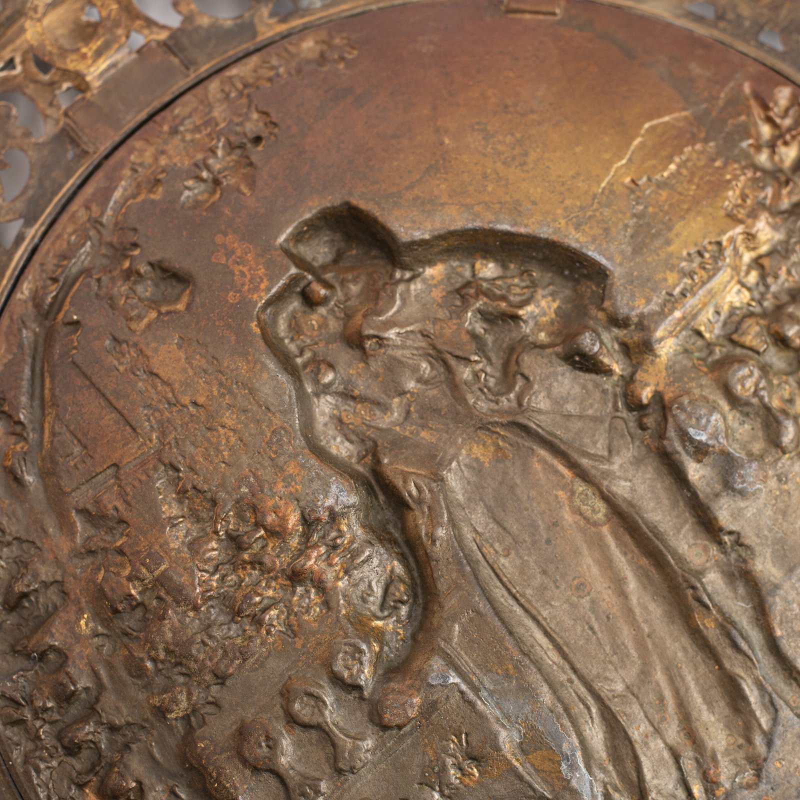 Pair of antique German Bronze Plaques with Neo-Renaissance openwork frames and literary relief scenes, 1890–1905.