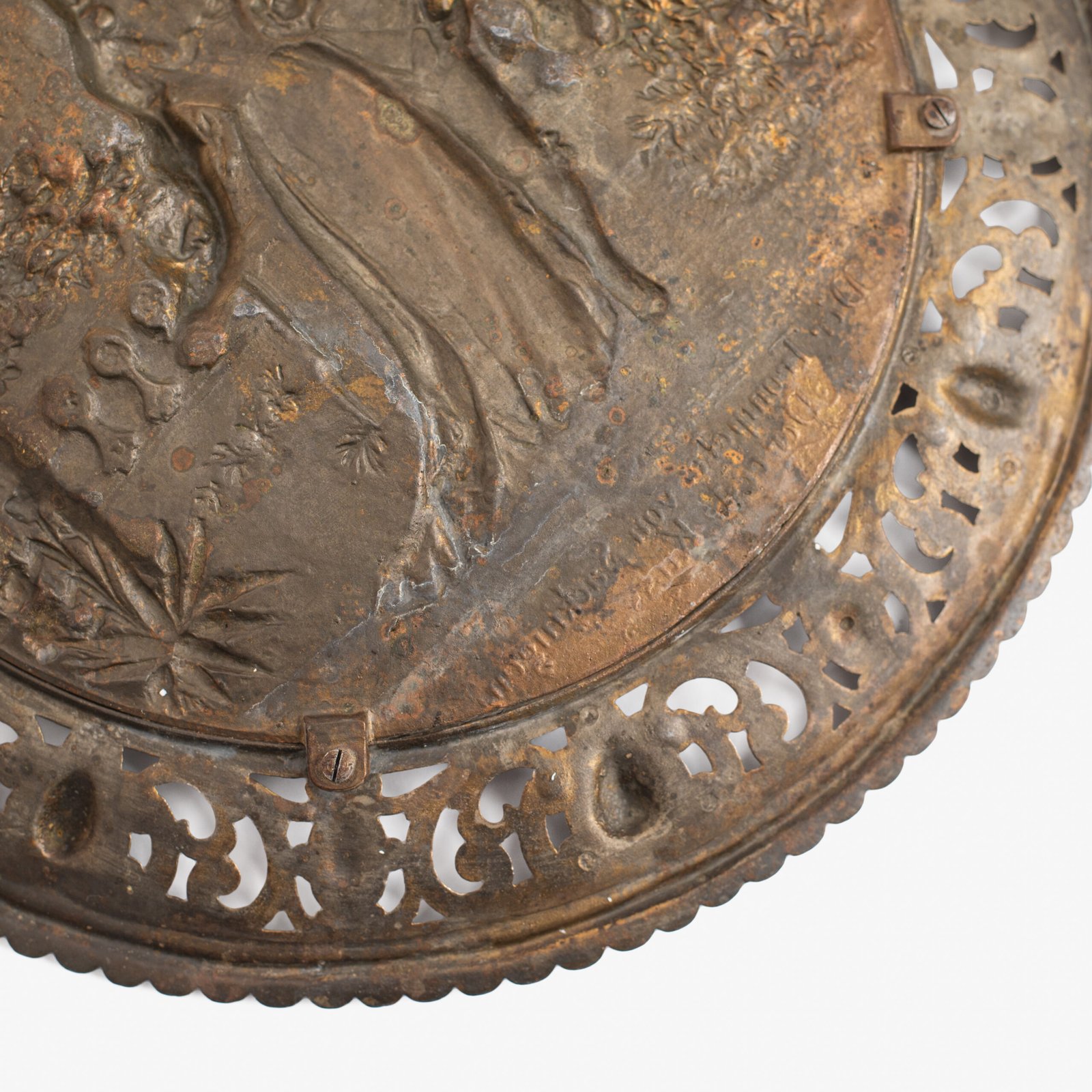 Pair of antique German Bronze Plaques with Neo-Renaissance openwork frames and literary relief scenes, 1890–1905.