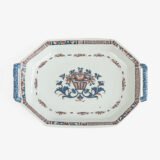 Rouen Faience Tray, an octagonal French banette from c. 1730 with two handles, a painted flower basket, and a red and blue galon rouennais border.