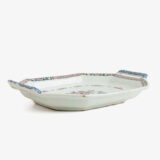 Rouen Faience Tray, an octagonal French banette from c. 1730 with two handles, a painted flower basket, and a red and blue galon rouennais border.