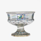 Bohemian Glass Compote, c. 1915, with hand-enamelled birds in scalloped blue panels, geometric glass cutting, gilt rim and a faceted foot decorated with black scrolls and blue leaves.