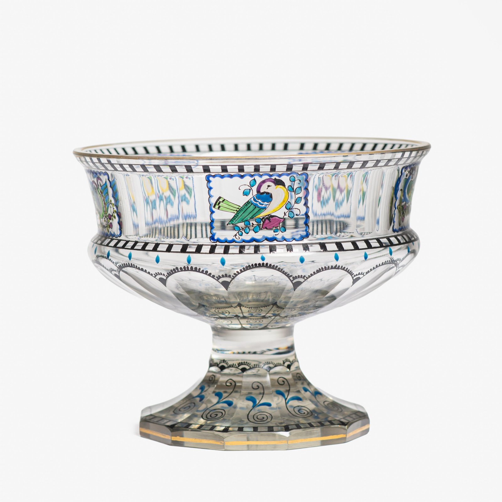 FOTOLATENT-Cristal001-hd Bohemian Glass Compote, c. 1915, with hand-enamelled birds in scalloped blue panels, geometric glass cutting, gilt rim and a faceted foot decorated with black scrolls and blue leaves.