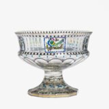 Bohemian Glass Compote, c. 1915, with hand-enamelled birds in scalloped blue panels, geometric glass cutting, gilt rim and a faceted foot decorated with black scrolls and blue leaves.