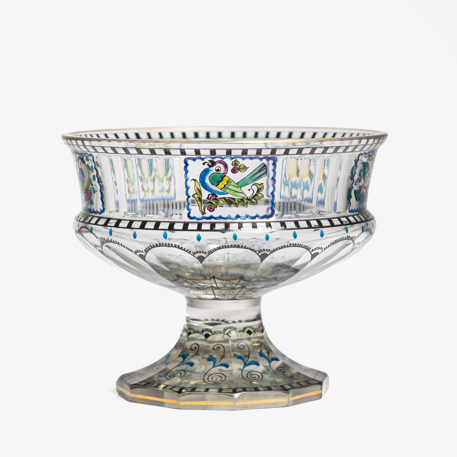 Bohemian Glass Compote, c. 1915, with hand-enamelled birds in scalloped blue panels, geometric glass cutting, gilt rim and a faceted foot decorated with black scrolls and blue leaves.
