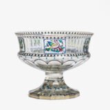 Bohemian Glass Compote, c. 1915, with hand-enamelled birds in scalloped blue panels, geometric glass cutting, gilt rim and a faceted foot decorated with black scrolls and blue leaves.