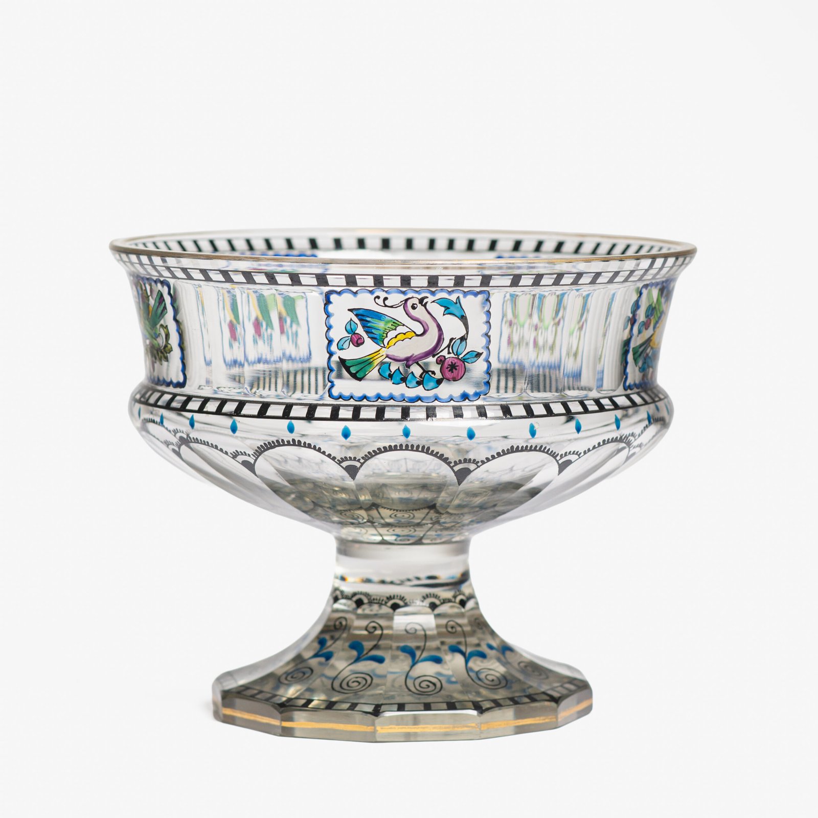 Bohemian Glass Compote, c. 1915, with hand-enamelled birds in scalloped blue panels, geometric glass cutting, gilt rim and a faceted foot decorated with black scrolls and blue leaves.